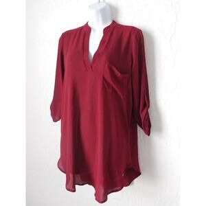 Rush Red Wine Blouse Pullover Tunic 3/4 Sleeves  Women size Small V-Neck Mock